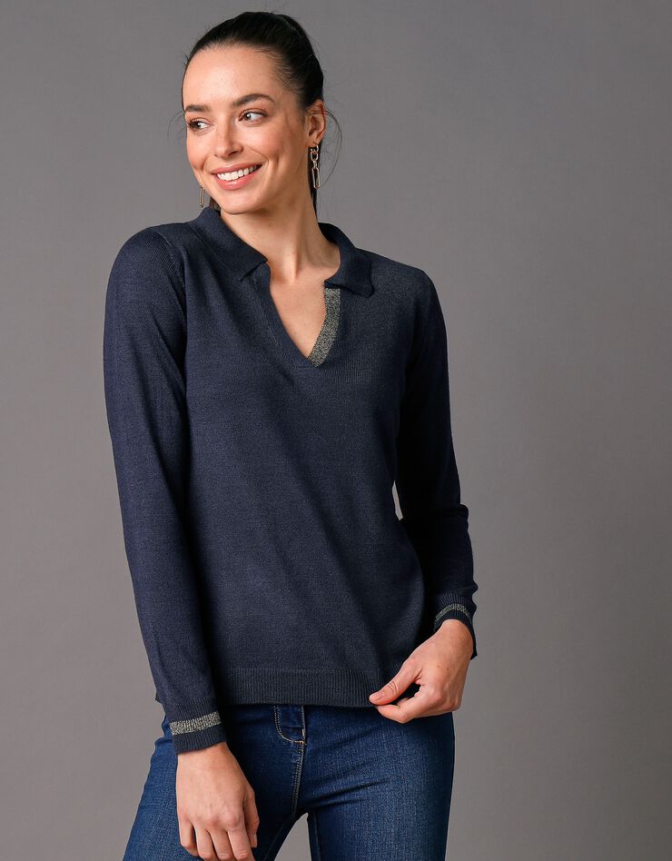 Pull col polo détails brillants, toucher cachemire (marine) Pull col polo détails brillants, toucher cachemire (marine)