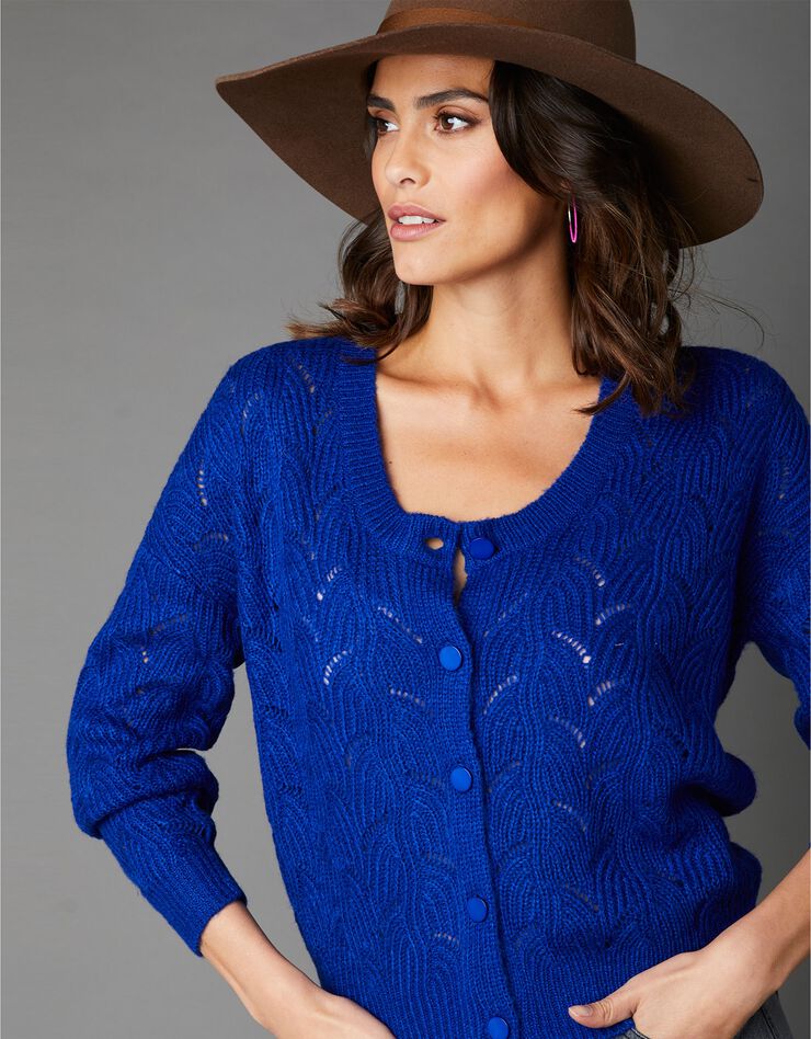 Gilet boutonné en maille ajourée toucher mohair (bleu dur) Gilet boutonné en maille ajourée toucher mohair (bleu dur)