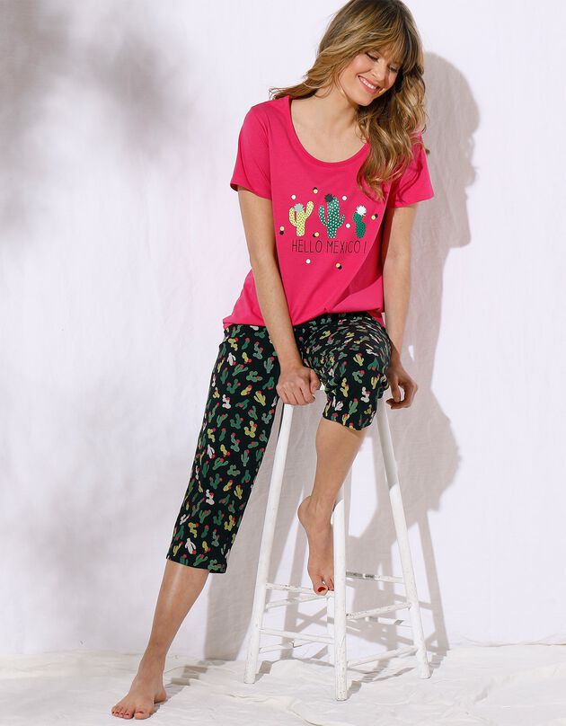 Pyjama court manches courtes motifs « cactus » - avec pochon assorti (noir / fuchsia)