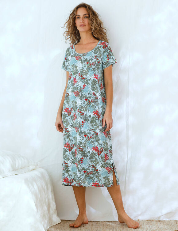 Chemise de nuit longue imprim&eacute;e manches courtes - coton modal (bleu ciel)