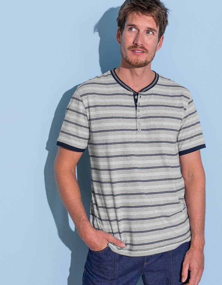 Tee-shirt rayé col tunisien (gris chiné) Tee-shirt rayé col tunisien (gris chiné)