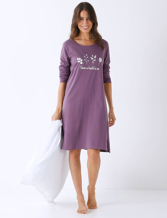 Chemise de nuit courte imprim&eacute;e "Flowers" (violet gris&eacute;)
