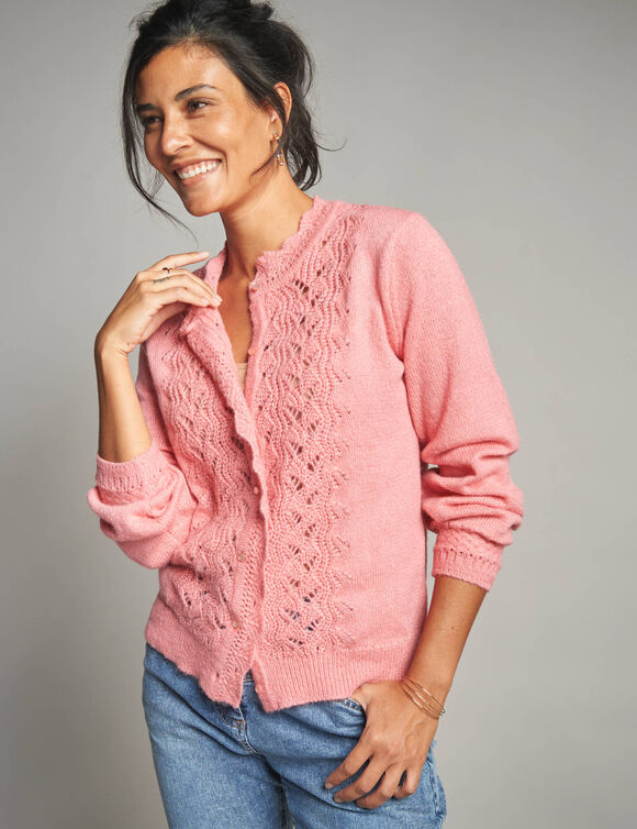 Gilet boutonné col montant, maille fantaisie  (bois de rose)