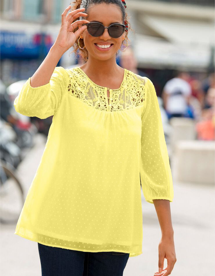 Blouse macramé unie, voile plumetis (citron) Blouse macramé unie, voile plumetis (citron)