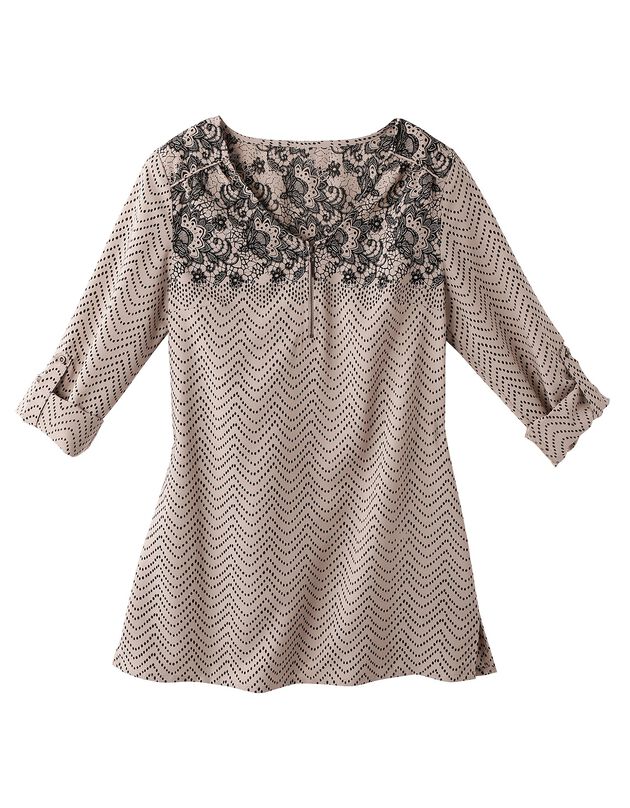 Blouse zippée imprimé dentelle - manches longues (taupe)