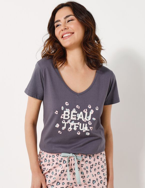 Tee-shirt manches courtes coton uni imprimé placé "Beautiful" (gris anthracite)