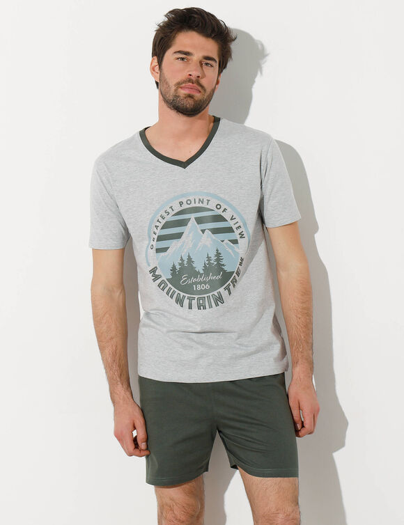 Pyjama short col V contrast&eacute; manches courtes (kaki / gris chin&eacute;)