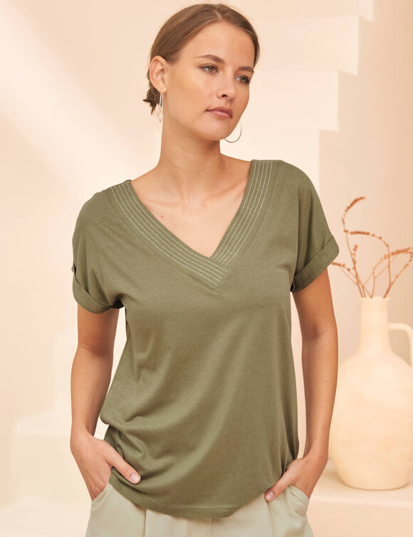 T-shirt col V, manches courtes (kaki)