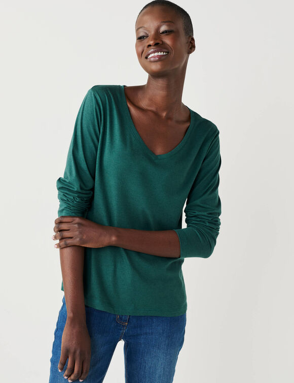 T-shirt col V manches longues (eucalyptus)
