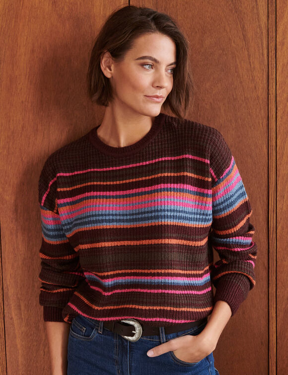 Pull ray&eacute; loose, maille anglaise toucher doux (chocolat / rose)