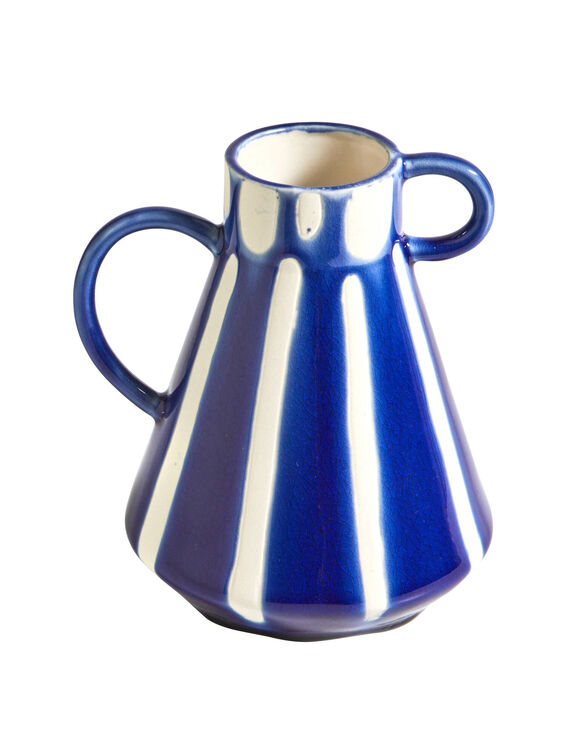 Vase gr&egrave;s rayures color&eacute;es 2 anses (bleu / blanc)