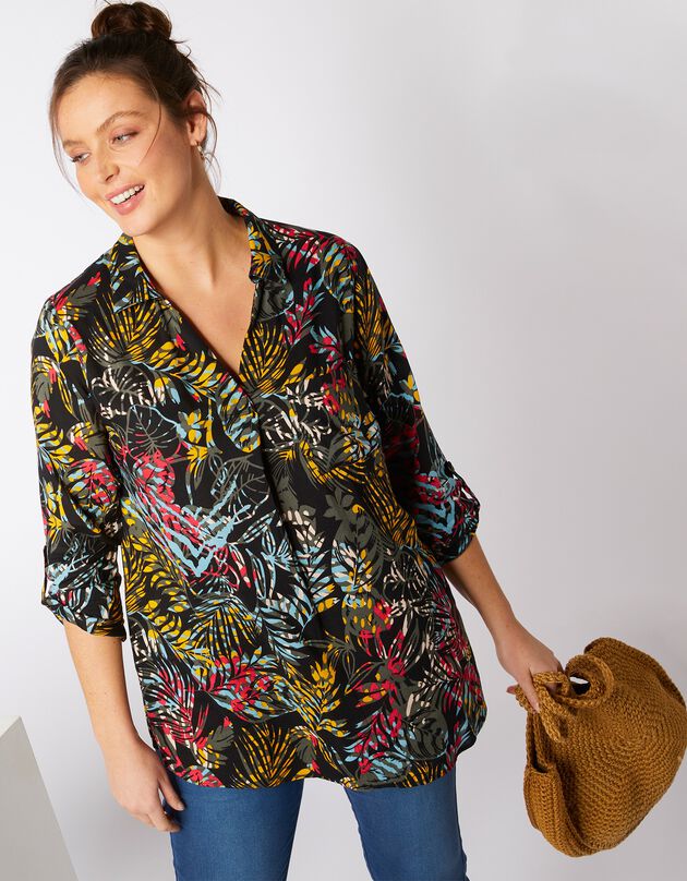 Chemise imprimée feuillage manches longues (noir / kaki) Chemise imprimée feuillage manches longues (noir / kaki)