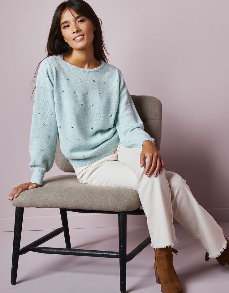 Pull maille pointelle, toucher mohair (vert amande) Pull maille pointelle, toucher mohair (vert amande)