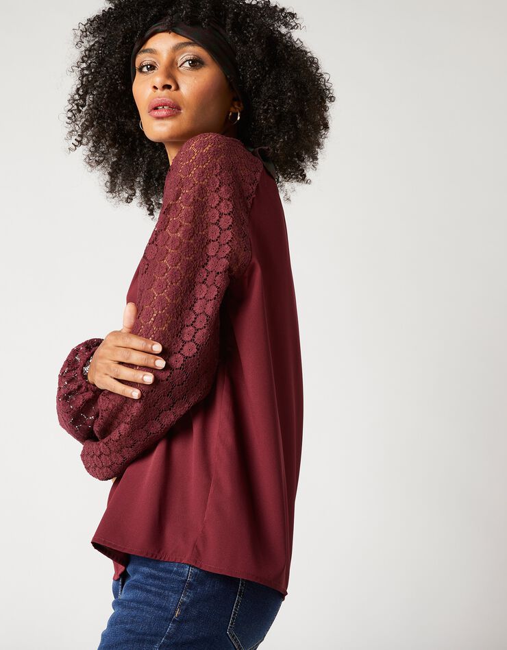Blouse unie manches dentelle (prune) Blouse unie manches dentelle (prune)