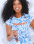 T-shirt manches courtes, imprimé Amour et fleurs (bleu / blanc)