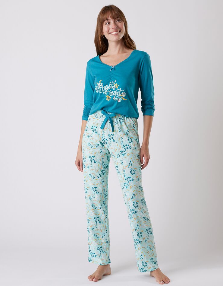 Pantalon pyjama coton imprimé floral (aqua)