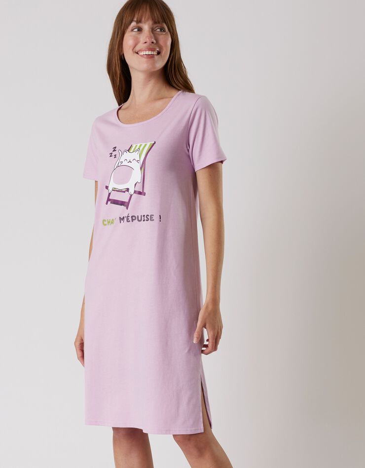 Chemise de nuit courte manches courtes – imprimé "Chat" (lilas)