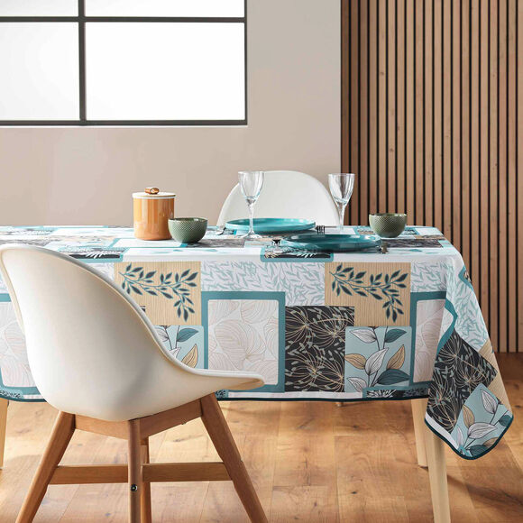 Nappe imprimé patchwork feuilles entretien facile (vert sauge)