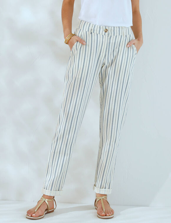 Pantalon coupe mom coton-lin rayé (écru / bleu)