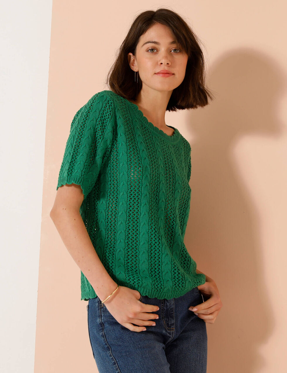 Pull Loft Rose Fard à Joues – Taille L, Maille Ouverte, Porté Une Fois