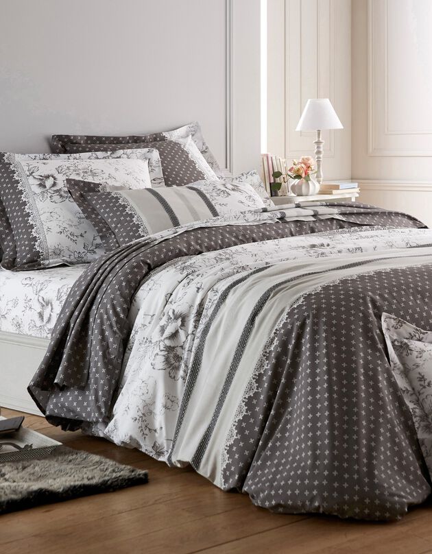 Linge de lit Gabrielle en flanelle imprimé fleurs et dentelle (gris)