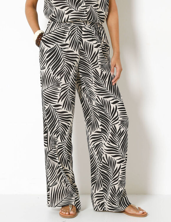 Pantalon large taille &eacute;lastiqu&eacute;e imprim&eacute; palme, cr&eacute;pon fluide (&eacute;cru / noir)