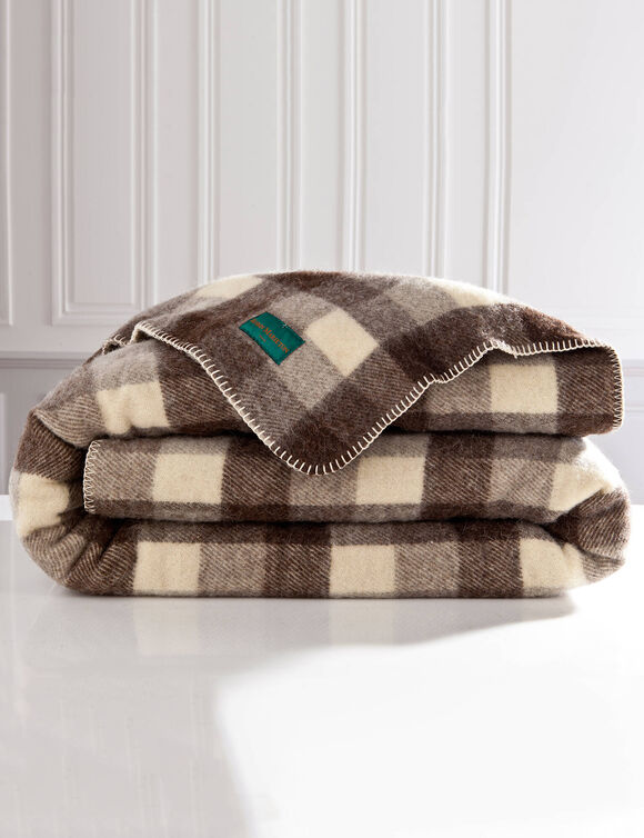 Couverture pure laine fabrication fran&ccedil;aise 400 g/m&sup2; (carreaux marron)