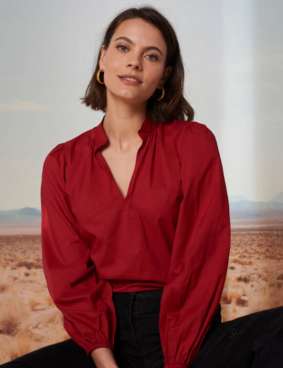 Blouse unie col montant, manches blousantes (bordeaux)