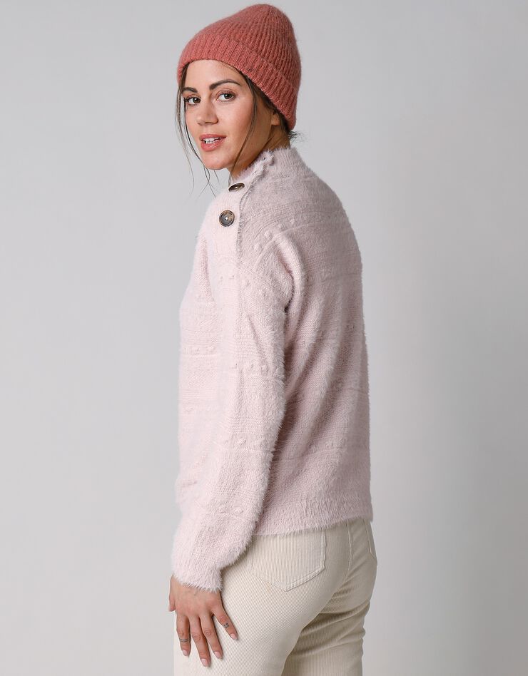 Pull col montant maille poilue fantaisie (rose poudré) Pull col montant maille poilue fantaisie (rose poudré)