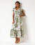 Robe longue macramé, imprimé tropical, taille smockée (kaki / beige)