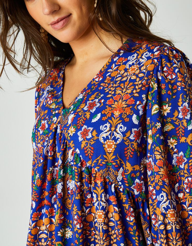 Robe housse manches 3/4 imprimée, crêpe (bleu / orange)