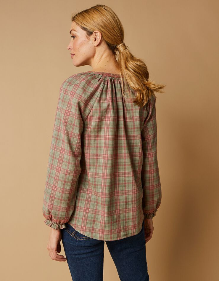 Blouse boutonnée brodée imprimée carreaux (kaki / rose) Blouse boutonnée brodée imprimée carreaux (kaki / rose)