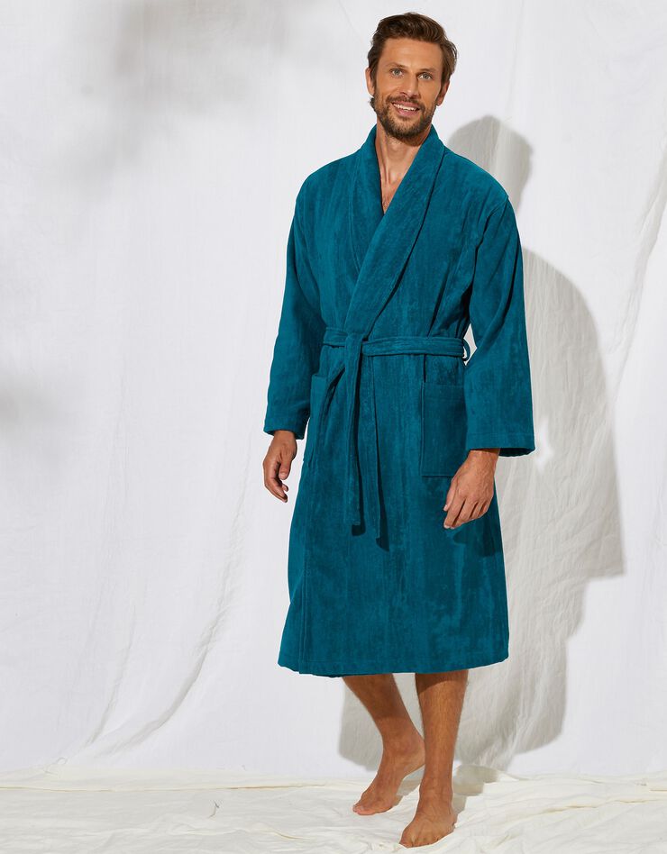 Peignoir mixte adulte éponge velours col châle (bleu paon) Peignoir mixte adulte éponge velours col châle (bleu paon)