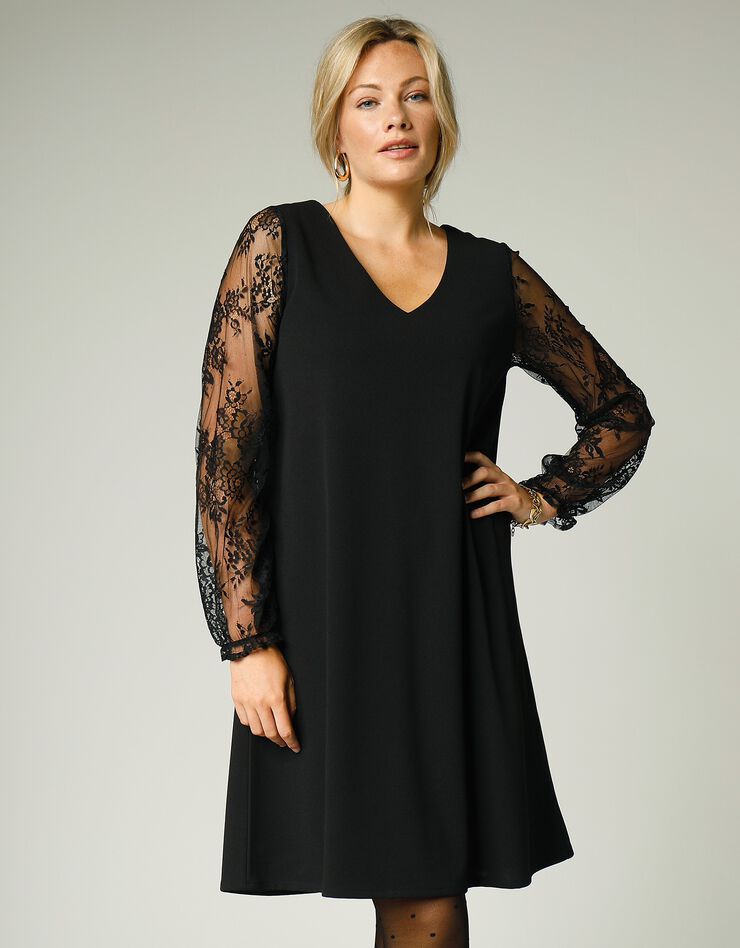 Robe trapèze noire unie manches dentelle ajourée (noir) Robe trapèze noire unie manches dentelle ajourée (noir)
