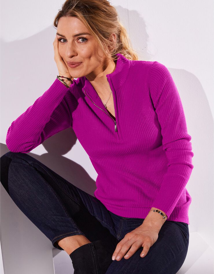 Pull col montant zippé maille côtelée (rose fuchsia) Pull col montant zippé maille côtelée (rose fuchsia)
