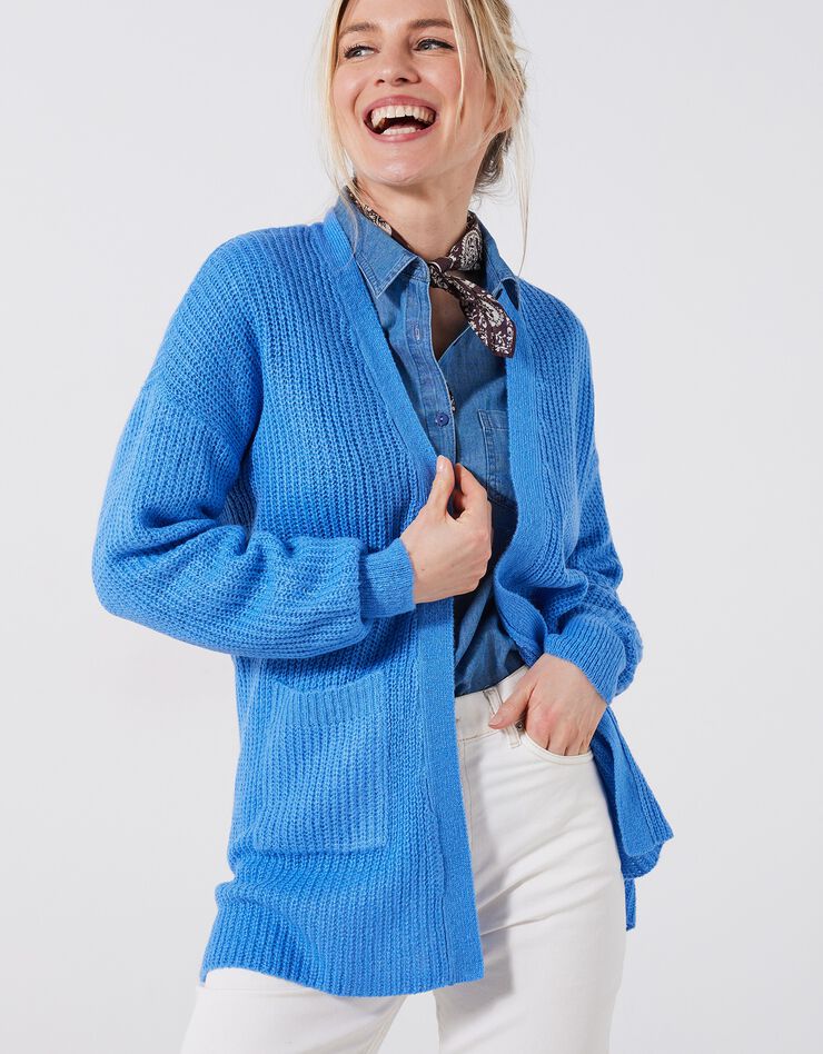 Gilet long porter ouvert, maille anglaise toucher mohair (bleu lavande)