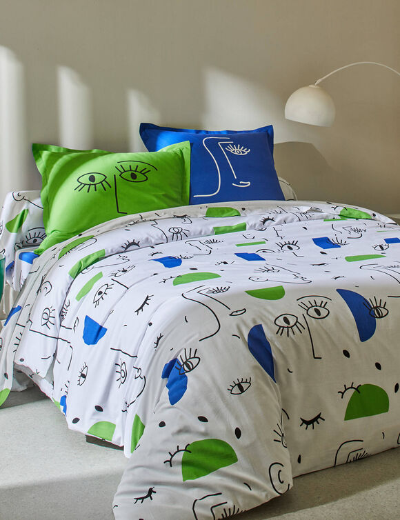 Linge de lit Vitaly coton à motifs visages (blanc / bleu)
