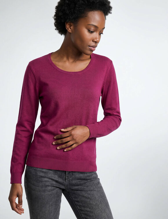 Pull col rond uni, manches longues, toucher doux (prune)