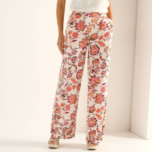 Pantalon large fluide, imprim&eacute; fleurs indiennes (&eacute;cru)