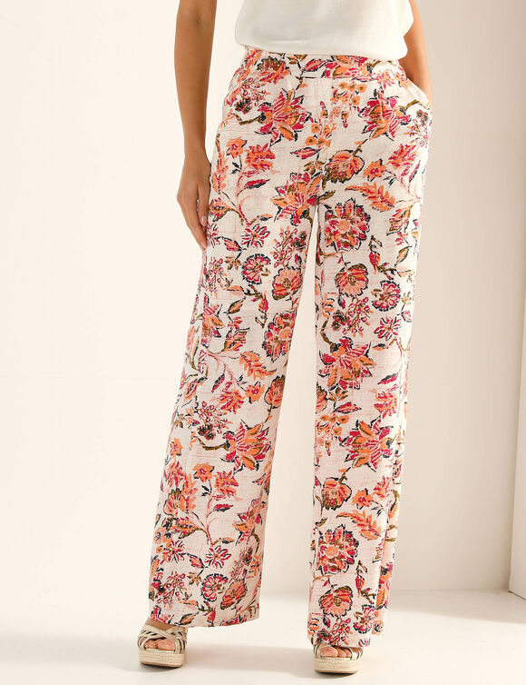 Pantalon large fluide, imprim&eacute; fleurs indiennes (&eacute;cru)
