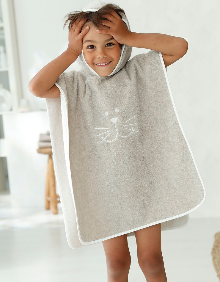 Poncho de bain à capuche enfant brodé chat coton - 450g/m2 (taupe) Poncho de bain à capuche enfant brodé chat coton - 450g/m2 (taupe)