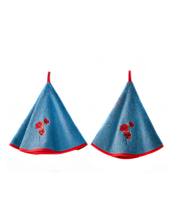 Torchons rond &eacute;ponge brod&eacute;e coquelicots - lot de 2 (bleu)