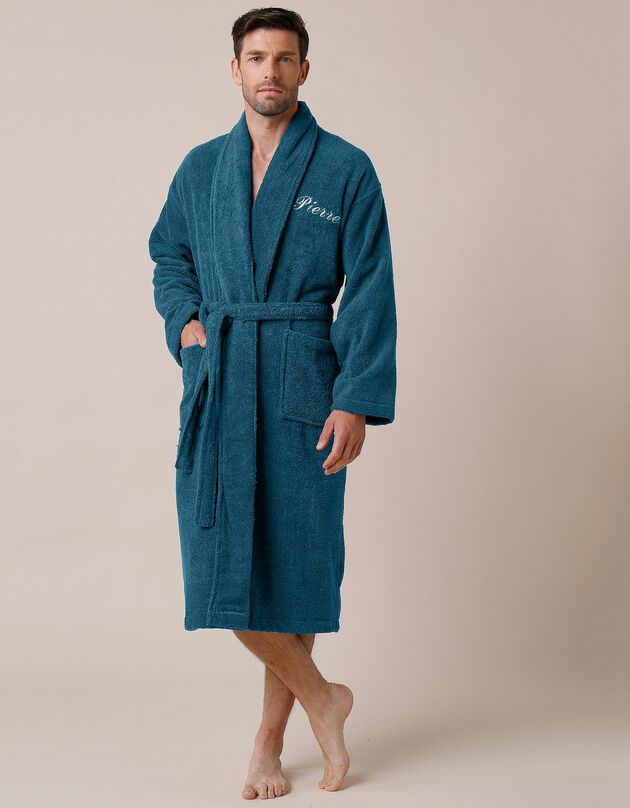 Peignoir mixte adulte éponge bouclette col châle personnalisable (bleu paon)