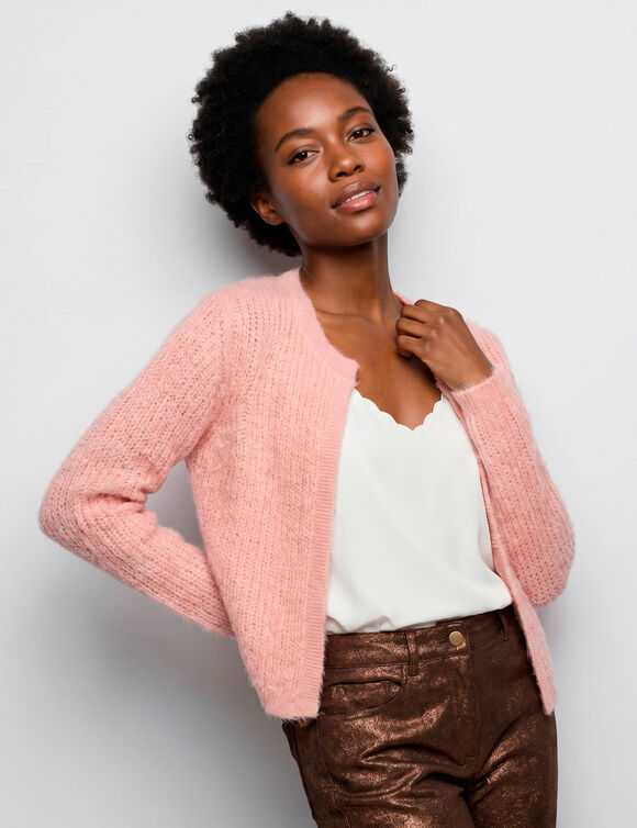 Gilet paletot, maille perl&eacute;e fils brillants (rose)