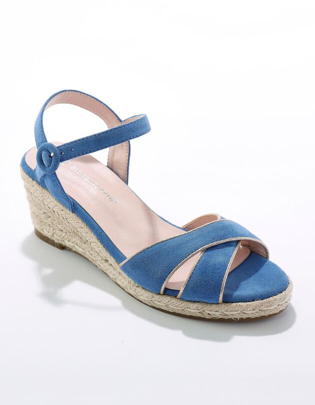 Sandales compensées corde à bout ouvert et boucle métal (bleu)