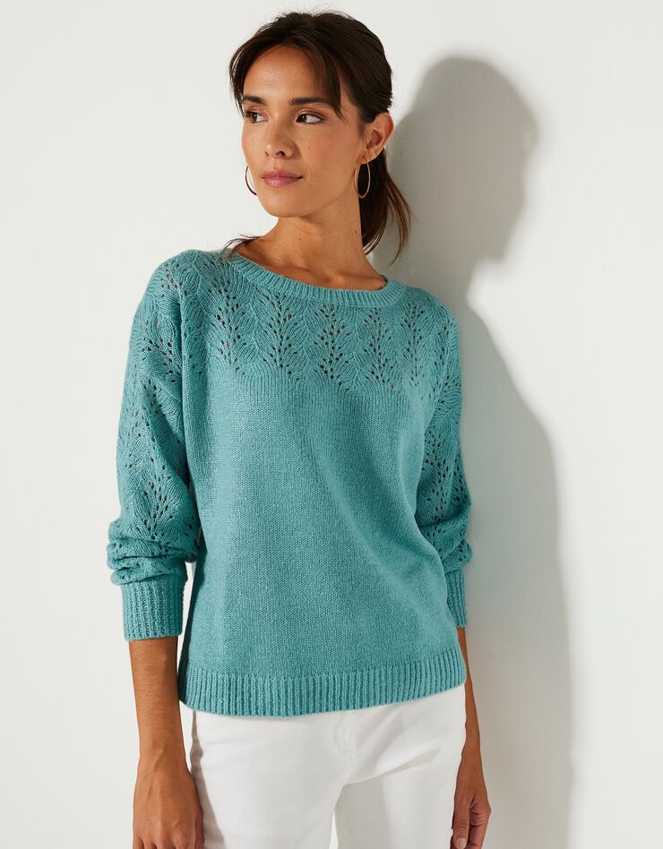 Pull manches longues blousantes, maille ajourée toucher mohair (vert grisé) Pull manches longues blousantes, maille ajourée toucher mohair (vert grisé)