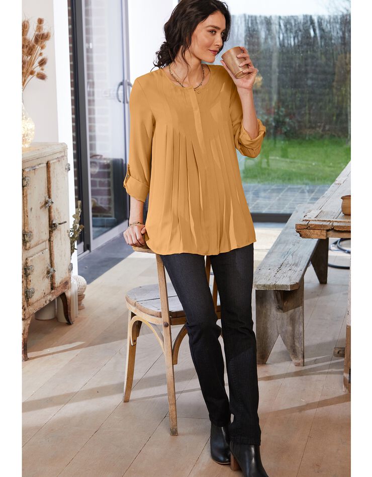 Blouse boutonnée à plis évasée unie, crêpe (safran) Blouse boutonnée à plis évasée unie, crêpe (safran)