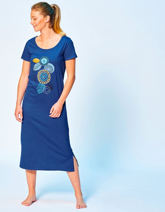 Chemise de nuit longue manches courtes motif «rosaces » (bleu dur)