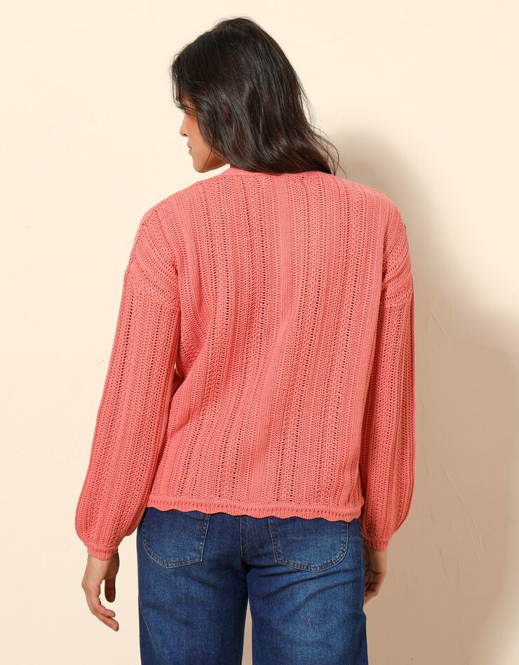 Gilet boutonné col V, maille ajourée fantaisie (corail) Gilet boutonné col V, maille ajourée fantaisie (corail)