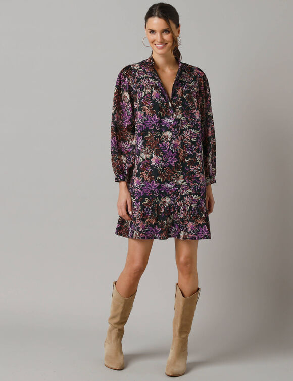 Robe courte boutonnée, manches amples (noir / violine)